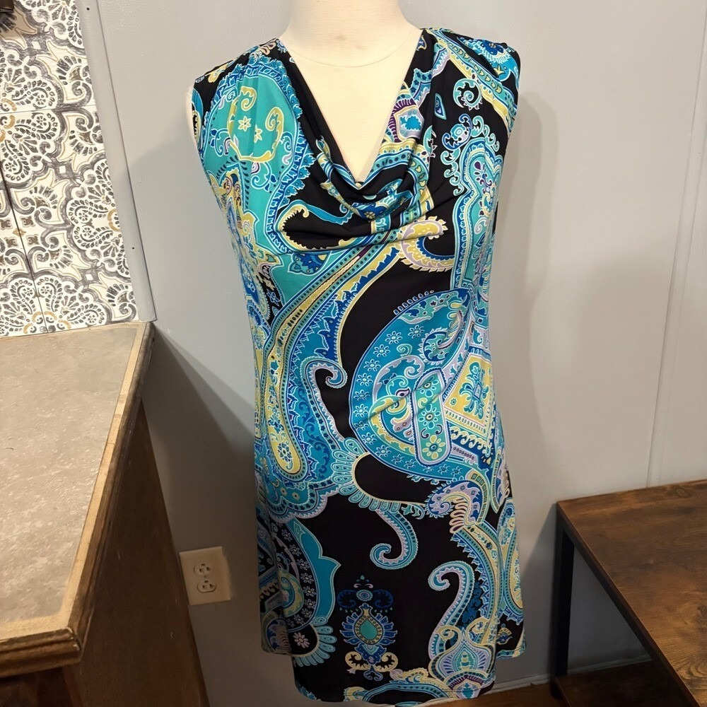 MSK Blue Green Black Paisley Sleeveless Cowl Neck Dress (Women's Small)